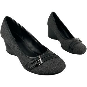 VTG y2k Women's Grey Wool Apt. 9 Martha Strappy Buckle Mary Jane Wedge Heels 7M